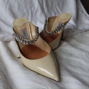 Jimmy Choo Bing 65 Linen Patent Leather Mules with Crystal Strap
